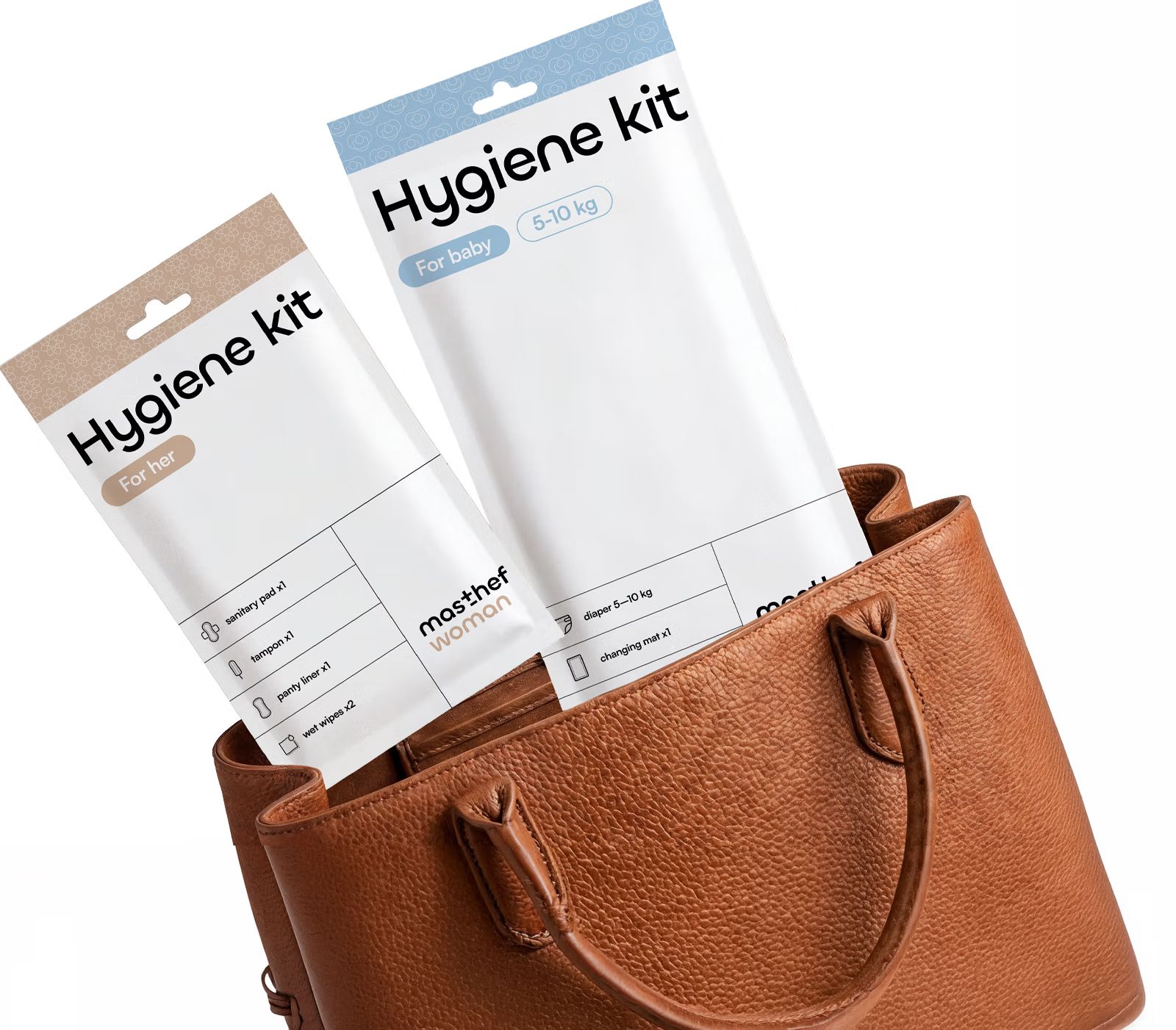 masthef woman and baby hygiene packs poking out of a leather bag against a light background