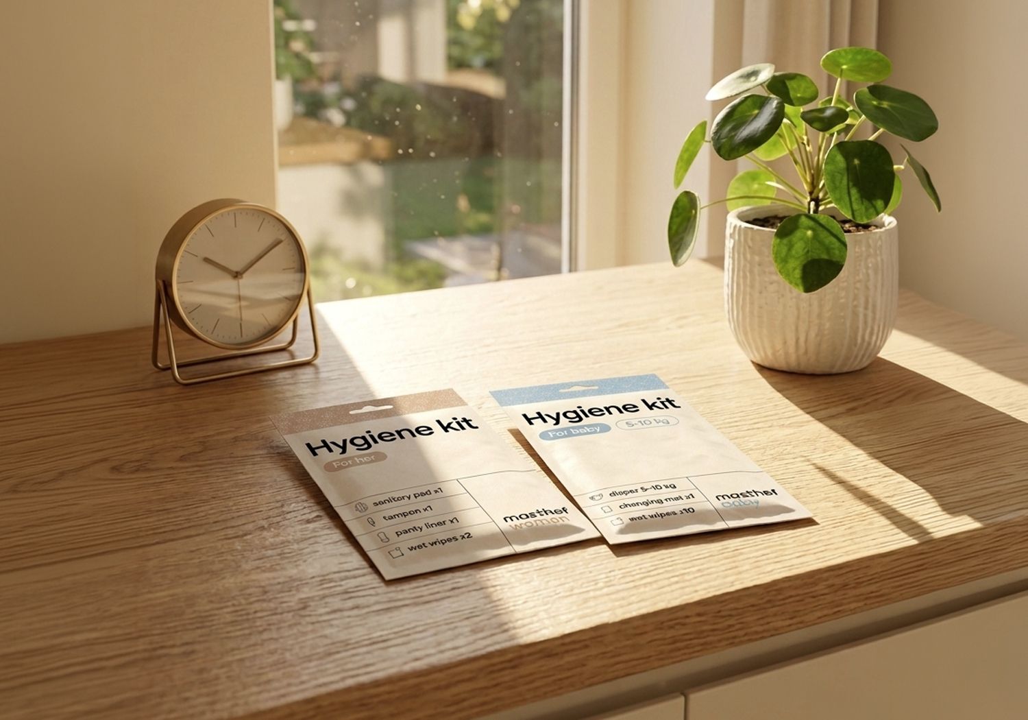 masthef woman and baby hygiene packs on a wooden countertop in natural light, next to a clock and a plant