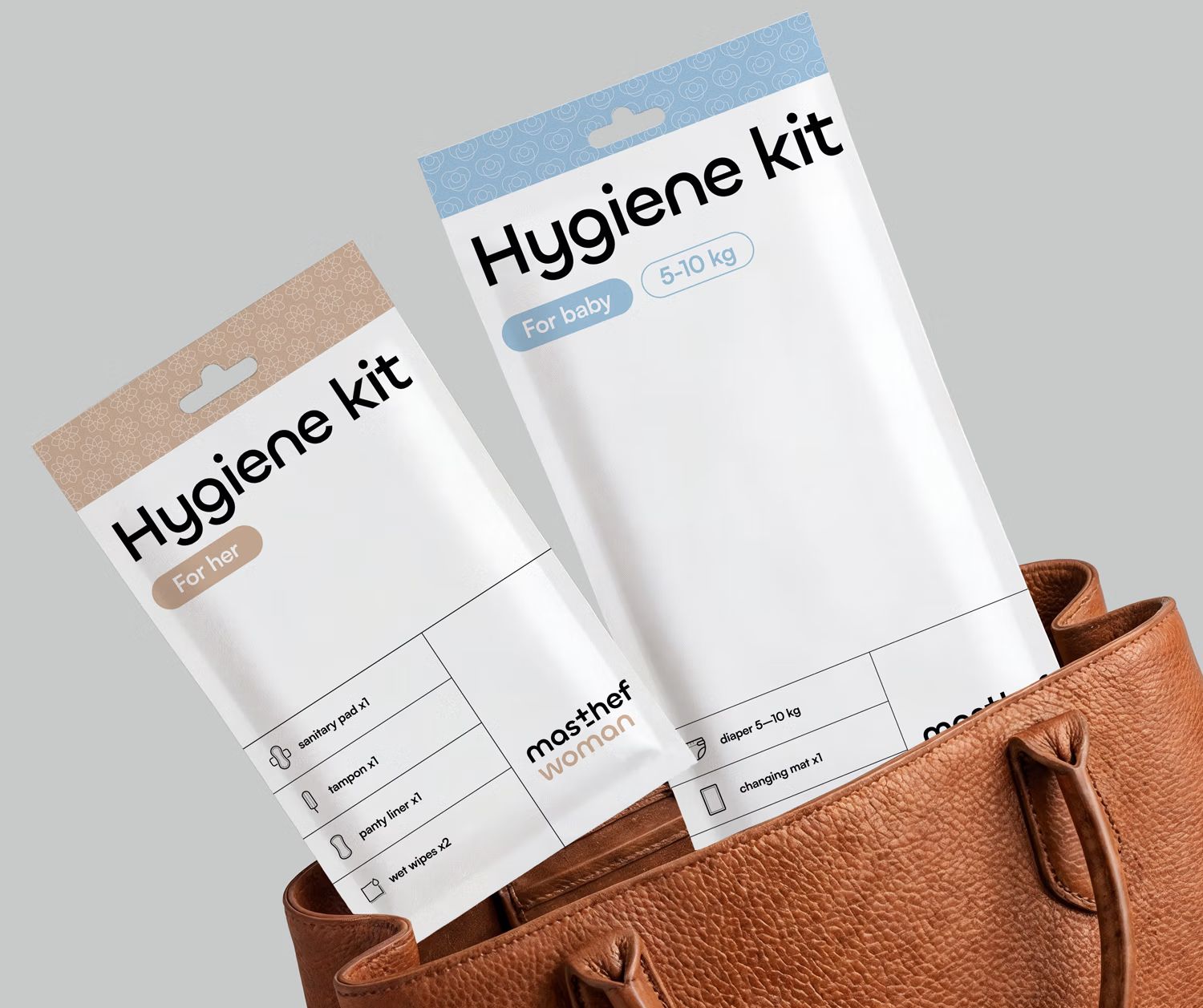 Hygiene sachets for her and for baby tucked into a leather handbag